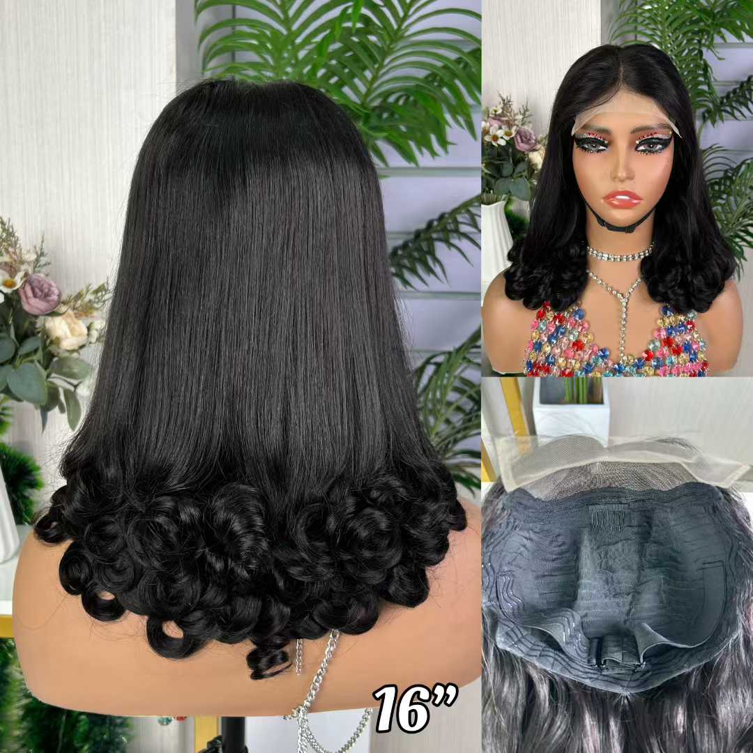 5×5 sdd flower curly glueless lace wig Black 16 inch