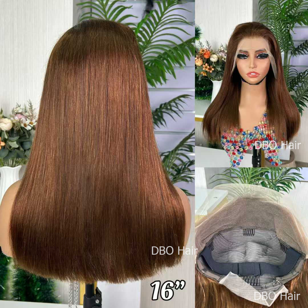Double drawn lace frontal wig 4# brown color 16 inch