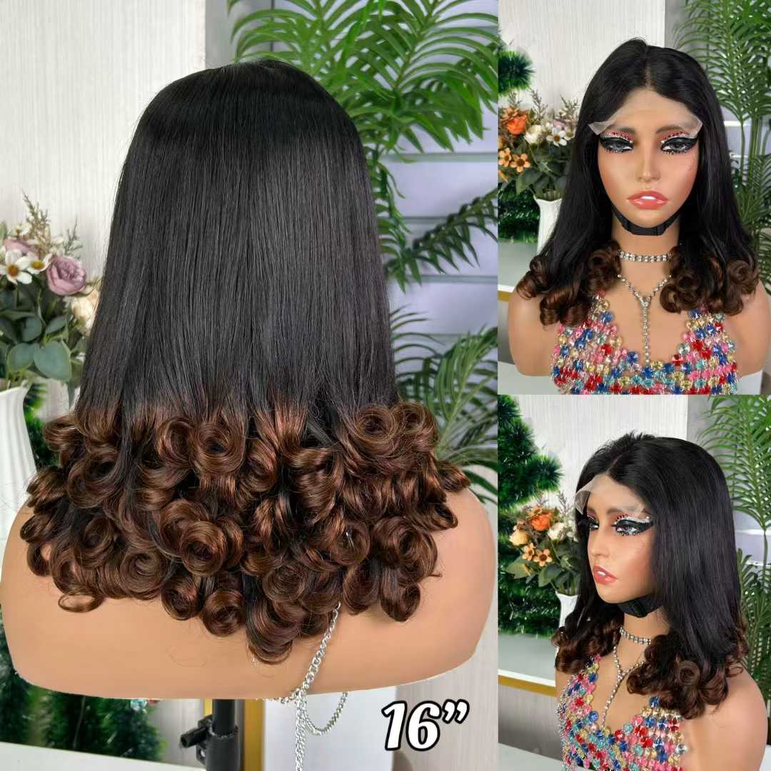 5×5 sdd flower curly glueless lace wig black+ Brown 16 inch