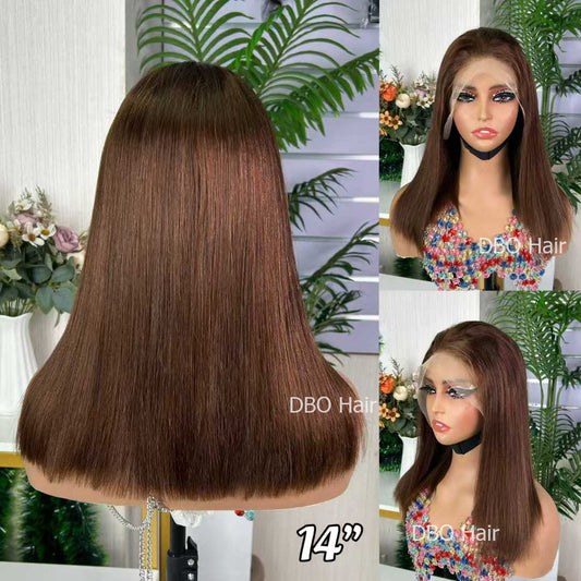 Double drawn lace frontal wig 4# brown color 14 inch stock